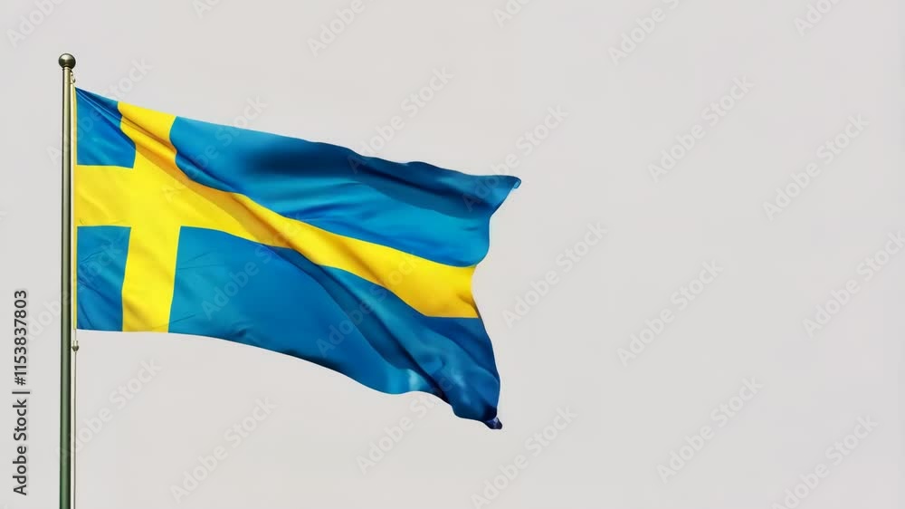 Swedish Flag Waving on Flagpole over white background