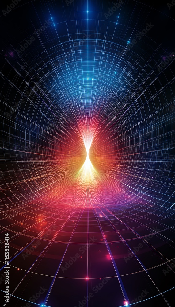 Fototapeta premium Abstract hourglass shape in vibrant neon colors with a futuristic grid background.