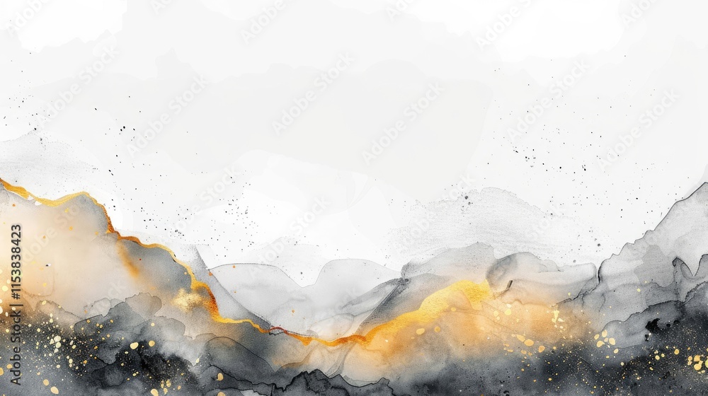 Abstract watercolor landscape with gold accents and soft gray tones.