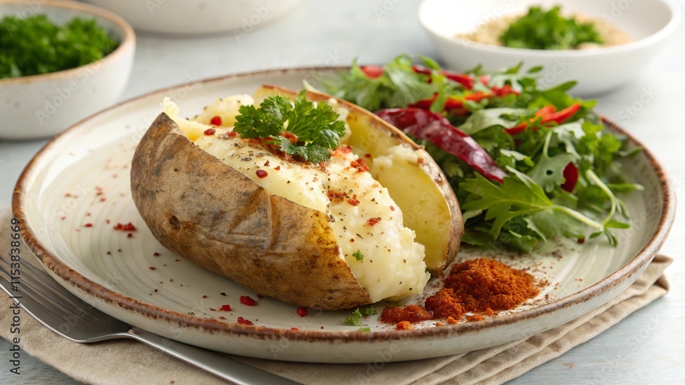 Delicious baked potato served with fresh greens and vibrant toppings for a delightful meal experience Delicious baked potato served with fresh greens and vibrant toppings for a delightful meal experience