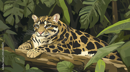 Majestic clouded leopard neofelis nebulosa resting and on alert in the lush himalayan foothills jungle environment. Nebulosa. Illustration photo