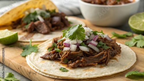 Delicious barbacoa meat served on a warm tortilla topped with fresh onions and cilantro enhances the flavor experience