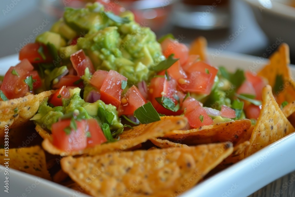 Crispy tortilla chips are covered with fresh guacamole, tomato salsa, and herbs, creating a tempting appetizer or snack Crispy tortilla chips are covered with fresh guacamole, tomato salsa, and herbs, creating a tempting appetizer or snack