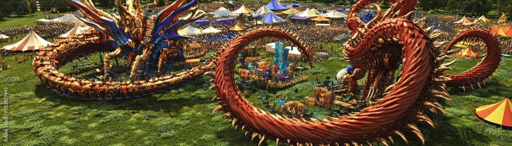 A vibrant festival scene featuring two large, colorful dragon sculptures amidst crowds and tents. A vibrant festival scene featuring two large, colorful dragon sculptures amidst crowds and tents.