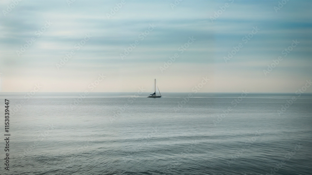 Minimalist sailboat on calm ocean under soft sky with copy space Minimalist sailboat on calm ocean under soft sky with copy space