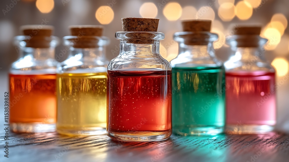 Five small glass bottles with colorful liquids and cork stoppers on a wooden surface with bokeh lights. Five small glass bottles with colorful liquids and cork stoppers on a wooden surface with bokeh lights.