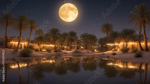 Desert Oasis Under a Full Moon with Palm Trees and Tents