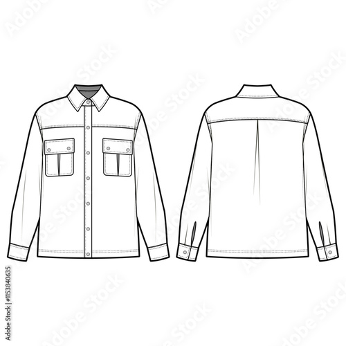 Technical flat sketch of Oversize Shirt. Collared outwear top with two patch pockets. Flap pocket with pleats. 