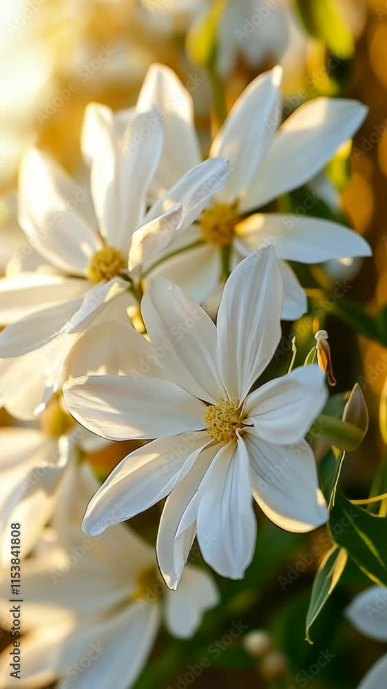 Beautiful white flowers bloom in golden sunlight, showcasing nature's elegance in a peaceful garden Beautiful white flowers bloom in golden sunlight, showcasing nature's elegance in a peaceful garden