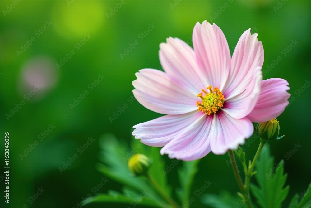 Delicate white cosmos flower with pink hues against a lush green background, botanical, floral bouquet, floral arrangement Delicate white cosmos flower with pink hues against a lush green background, botanical, floral bouquet, floral arrangement