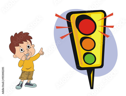 Cute boy whistling, Kid Blowing a Whistle, traffic enforcer pointing signal red light, cartoon character design illustration vector eps format,