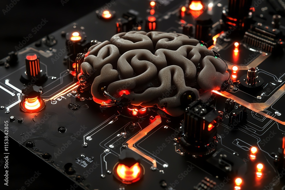 Fototapeta premium Artificial brain on circuit board with glowing lights, symbolizing AI and innovation.