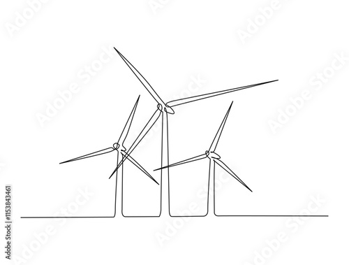 Continuous one line drawing of wind turbines power , sustainable energy. Wind turbines power outline vector illustration. Editable stroke.
