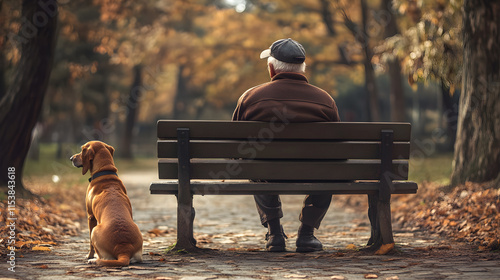 An old man sits on a chair in the park with his dog.