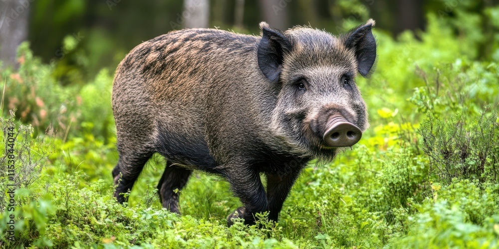 A wild boar walking through lush greenery in a forested area. A wild boar walking through lush greenery in a forested area.