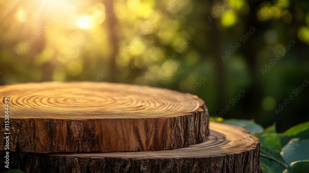 Wooden Podium in Sunny Forest, Tiered Tree Stump Display Wooden Podium in Sunny Forest, Tiered Tree Stump Display