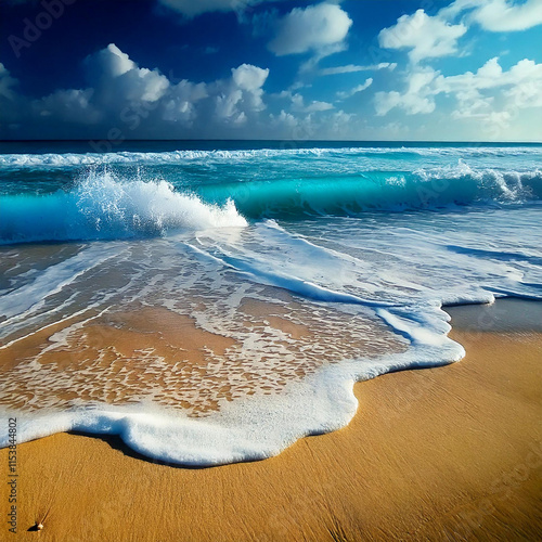 Stunning Turquoise Wave Crashing on Golden Sand Beach