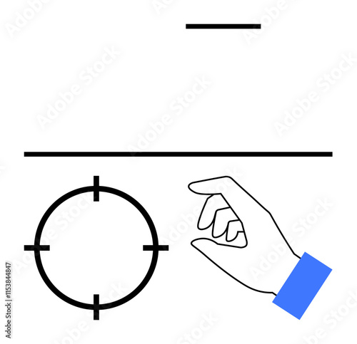 Hand making a gesture towards a circular alignment target with crosshairs and parallel horizontal lines. Ideal for precision, targeting, alignment, focus, measurements, accuracy, strategy. Line