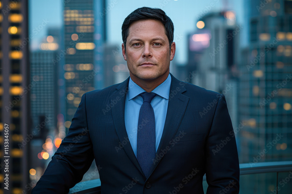 Fototapeta premium Business executive portrait urban skyline professional evening light confidence
