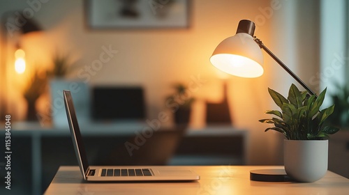 Wallpaper Mural Cozy home office workspace at night with laptop, desk lamp, and plant. Torontodigital.ca