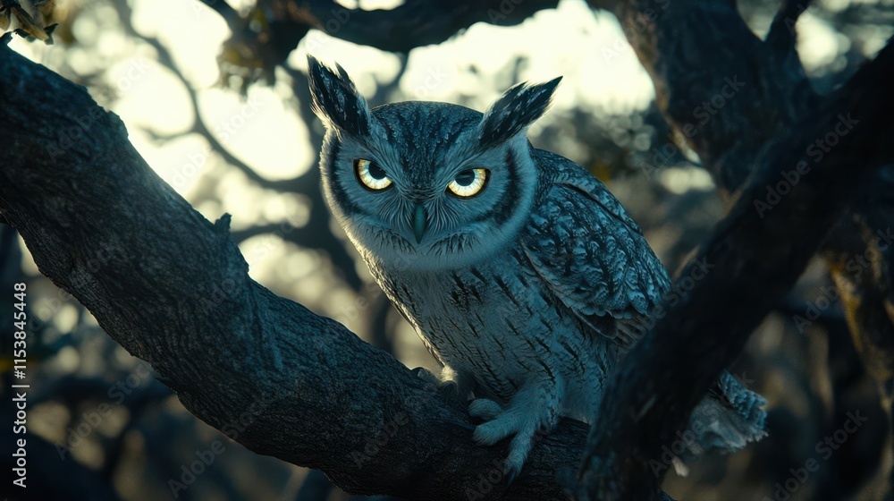 A detailed owl perched on a branch, illuminated by soft light in a forest setting. A detailed owl perched on a branch, illuminated by soft light in a forest setting.