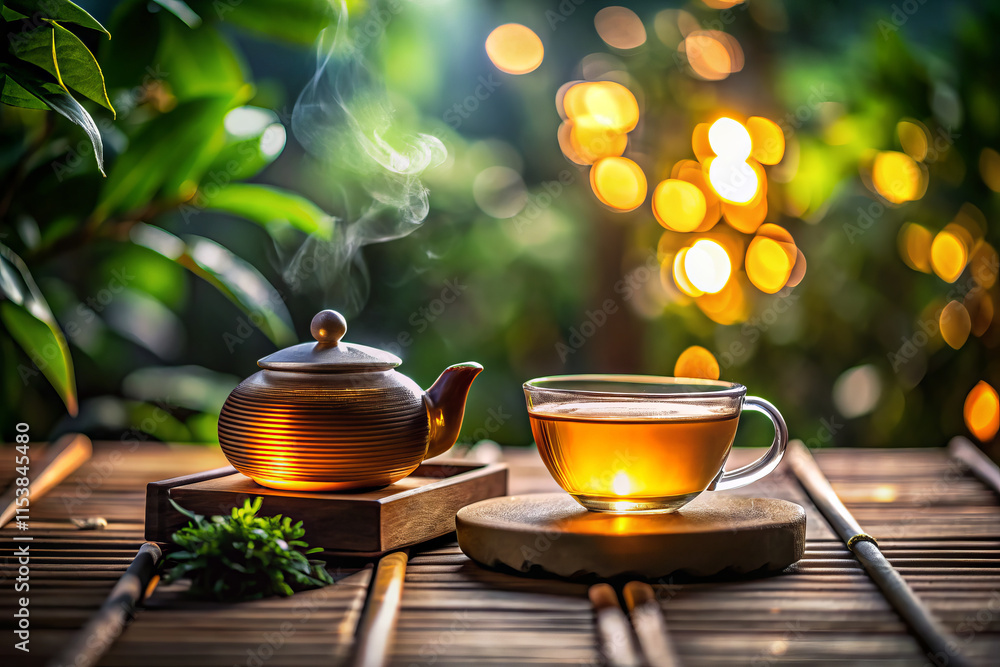serene tea setup featuring steaming teapot and cup of tea, surrounded by lush greenery and soft bokeh lights, creating contemplative atmosphere serene tea setup featuring steaming teapot and cup of tea, surrounded by lush greenery and soft bokeh lights, creating contemplative atmosphere