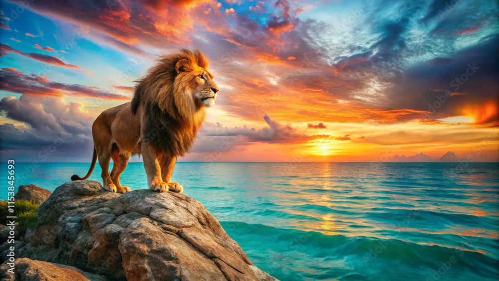 Obraz premium Majestic lion standing on rock by ocean at sunset, surrounded by vibrant colors and dramatic clouds. breathtaking scene of nature beauty and wildlife