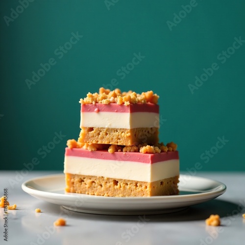 shot of layered dessert with graham cracker topping from the front, pastry, pyramid, stacked photo