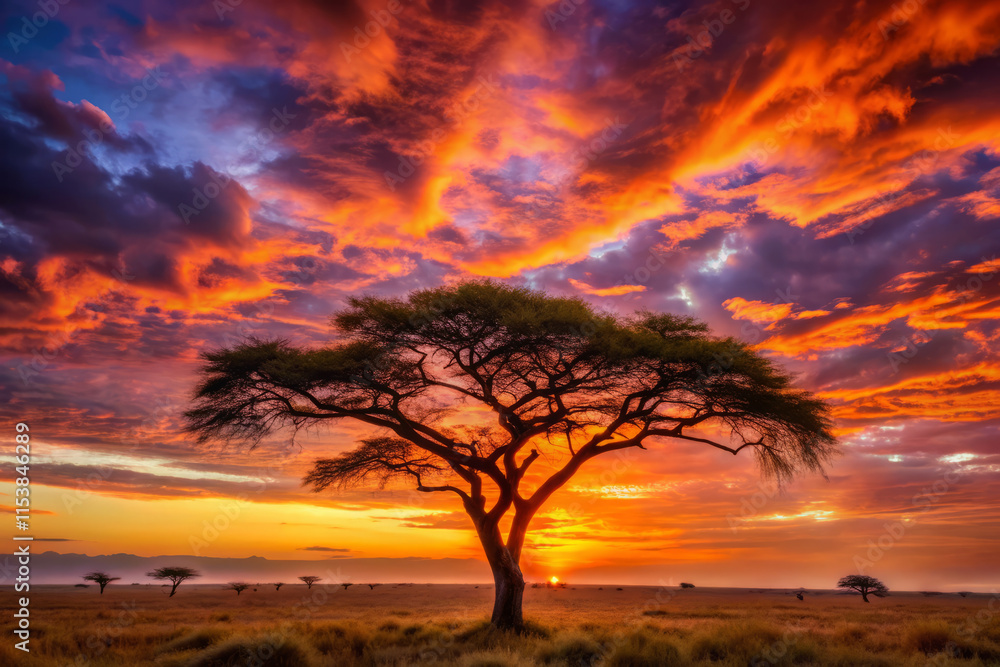 Naklejka premium lone acacia tree stands majestically against vibrant sunset, with dramatic clouds painted in shades of orange, purple, and blue. scene evokes sense of tranquility and awe