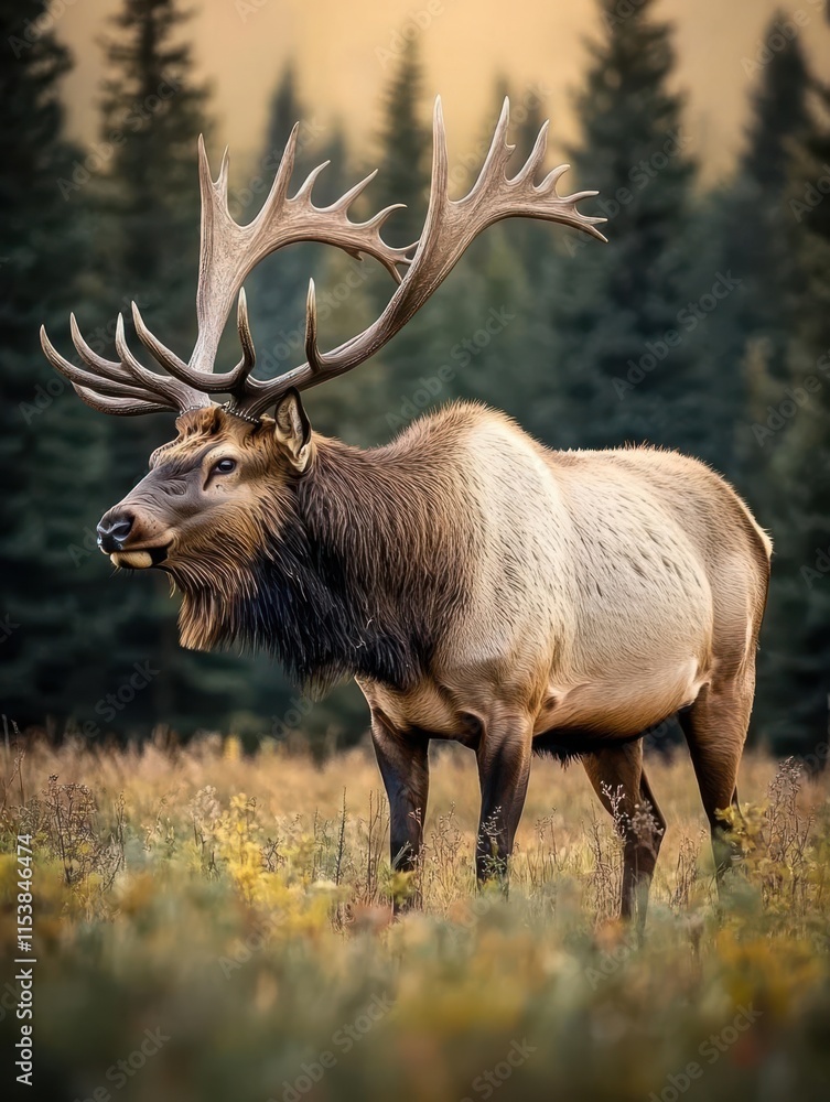 A majestic elk stands in a vibrant meadow surrounded by trees. A majestic elk stands in a vibrant meadow surrounded by trees.