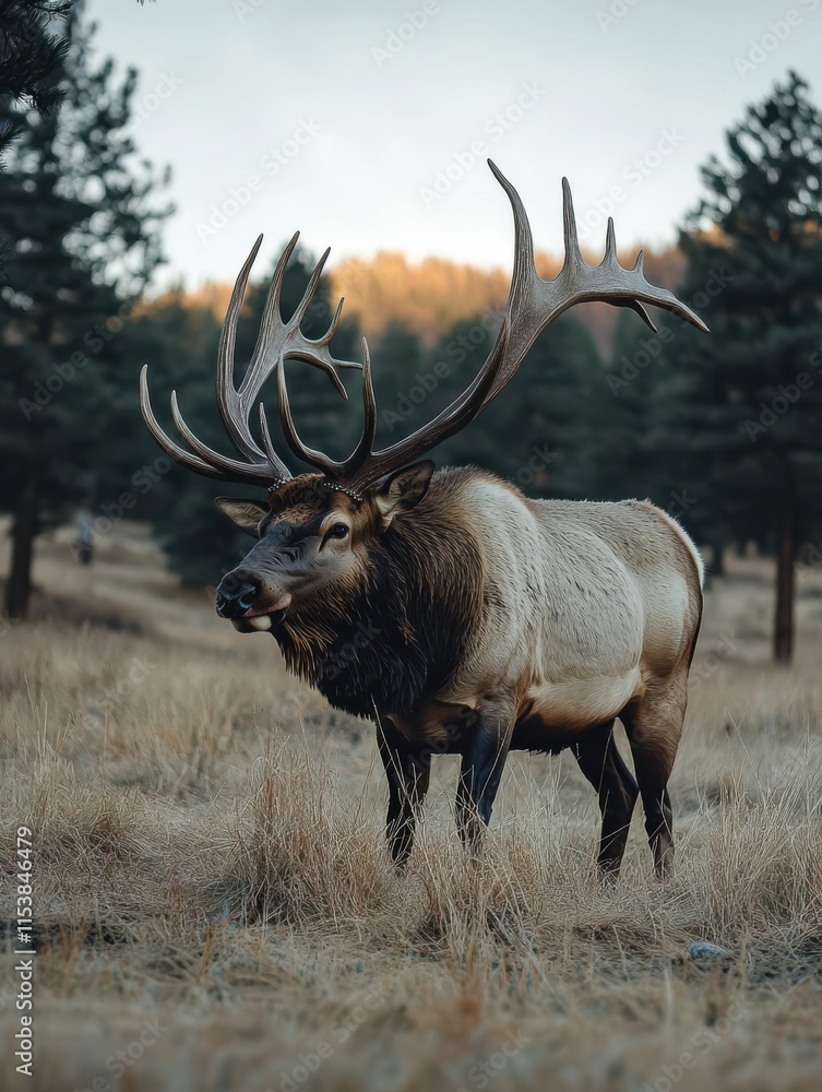 A majestic elk with large antlers stands in a grassy field surrounded by trees. A majestic elk with large antlers stands in a grassy field surrounded by trees.