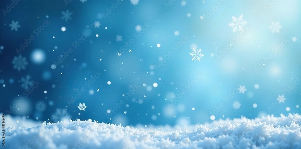 Snowflakes gently falling on a serene blue and white Christmas background, cold weather, blue snowflakes Snowflakes gently falling on a serene blue and white Christmas background, cold weather, blue snowflakes