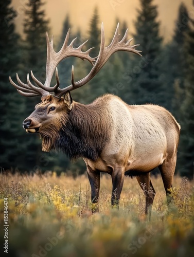 A majestic elk stands in a vibrant meadow surrounded by trees.