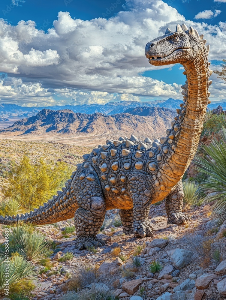 Fototapeta premium A dinosaur-like creature stands in a desert landscape under a cloudy sky.