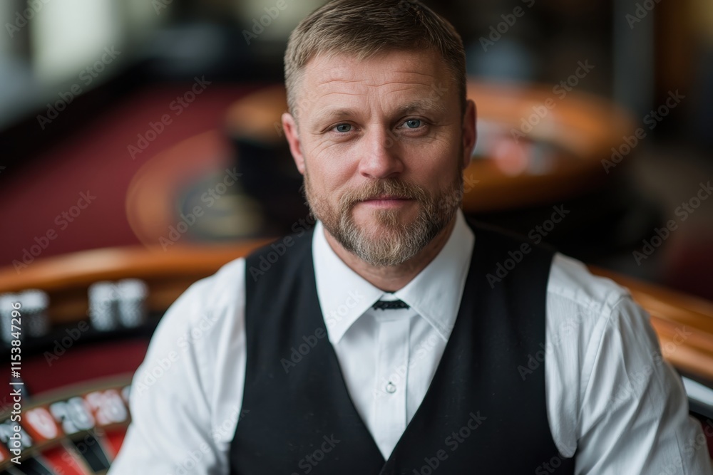 A poised male dealer in a casino setting stands confidently before a roulette table, showcasing a blend of professionalism and the thrill of gambling excitement. A poised male dealer in a casino setting stands confidently before a roulette table, showcasing a blend of professionalism and the thrill of gambling excitement.