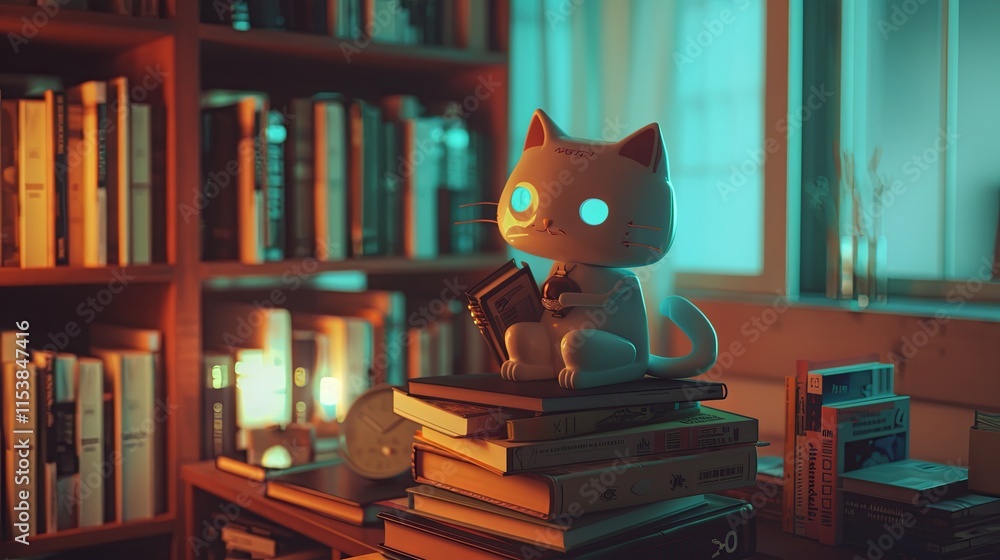 Neko robot reading books cozy home 3d art Neko robot reading books cozy home 3d art