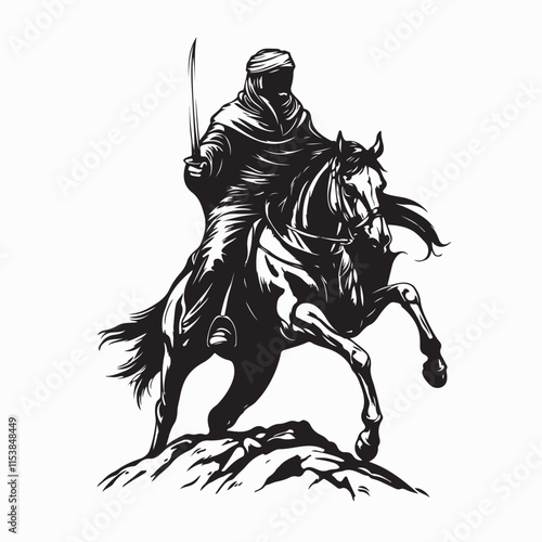 Silhouette  Brave Muslim Warrior Riding a Gallant Horse and Carrying a Sword in Stunning Vector Illustration