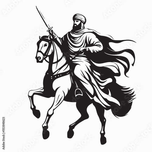 Brave Muslim Warrior Riding a Gallant Horse and Carrying a Sword in Stunning Vector Illustration