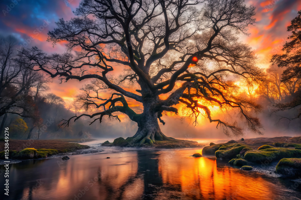 Majestic ancient oak tree silhouetted against vibrant sunset, surrounded by mist and water. scene evokes tranquility and awe in nature beauty Majestic ancient oak tree silhouetted against vibrant sunset, surrounded by mist and water. scene evokes tranquility and awe in nature beauty