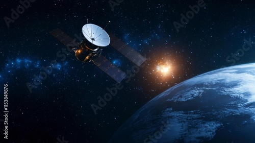 High-Resolution Image of a Space Satellite Orbiting Earth Against a Stunning Cosmic Background Featuring Stars and a Glowing Celestial Body