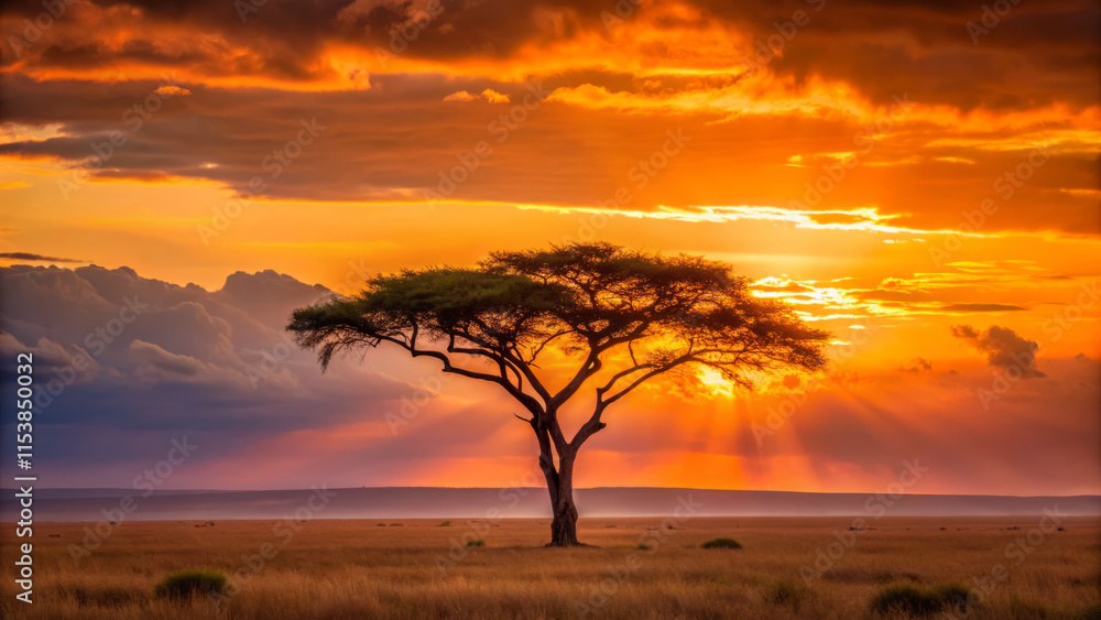 Fototapeta premium lone acacia tree silhouetted against fiery orange sunset, creating stunning contrast with vibrant sky. scene evokes sense of tranquility and beauty in nature