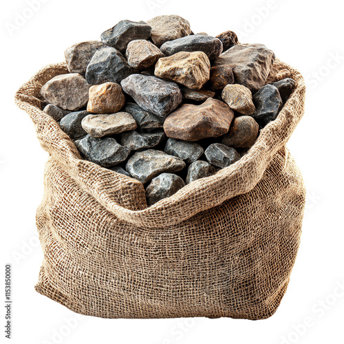 A burlap sack filled with various stones, perfect for landscaping, construction, or decorative purposes.,transparent background photo