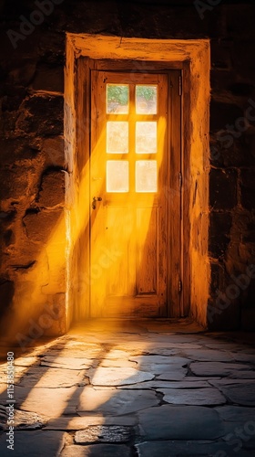 Golden Sunlight Illuminates Old Wooden Door Stone Wall Entrance