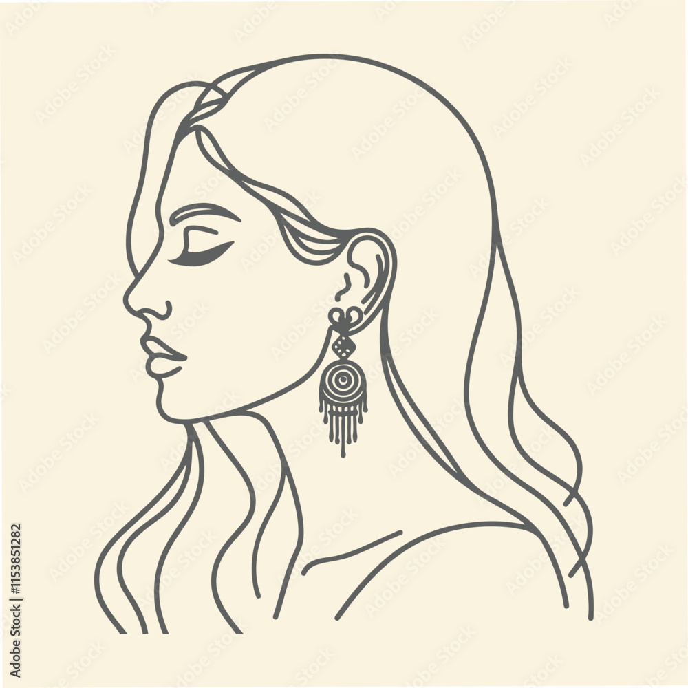 Hand drawn line art Woman Face Wearing Jewelry Hand drawn line art Woman Face Wearing Jewelry