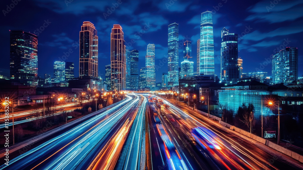 Modern cityscape at night with illuminated skyscrapers and vibrant light trails from fast-moving traffic under a deep blue sky Generative AI Modern cityscape at night with illuminated skyscrapers and vibrant light trails from fast-moving traffic under a deep blue sky Generative AI