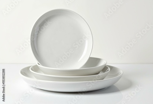 Stacked plates of varying sizes on white background