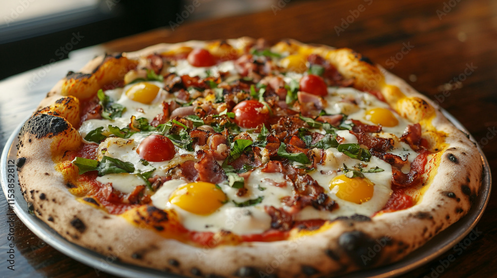 Delicious freshly baked pizza topped with eggs, bacon, and vegetables on a wooden table Delicious freshly baked pizza topped with eggs, bacon, and vegetables on a wooden table
