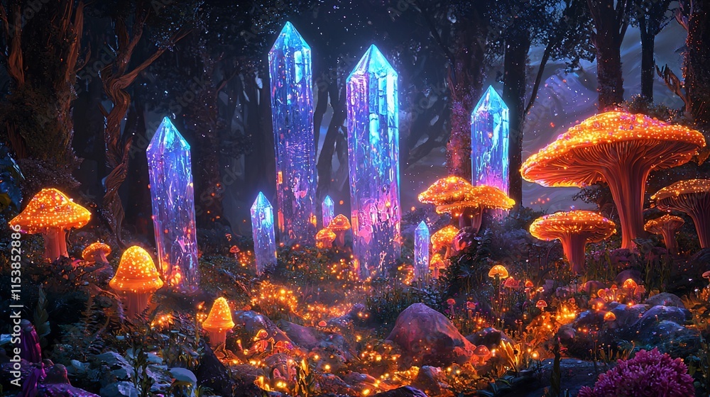 Fototapeta premium Glowing crystals and luminous mushrooms in a mystical forest.
