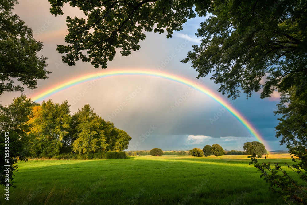 Pretty rainbow in a field with trees Pretty rainbow in a field with trees