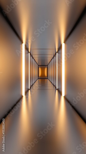 Brightly lit corridor with orange glowing lights, symbolizing energy pathways and advanced technology.